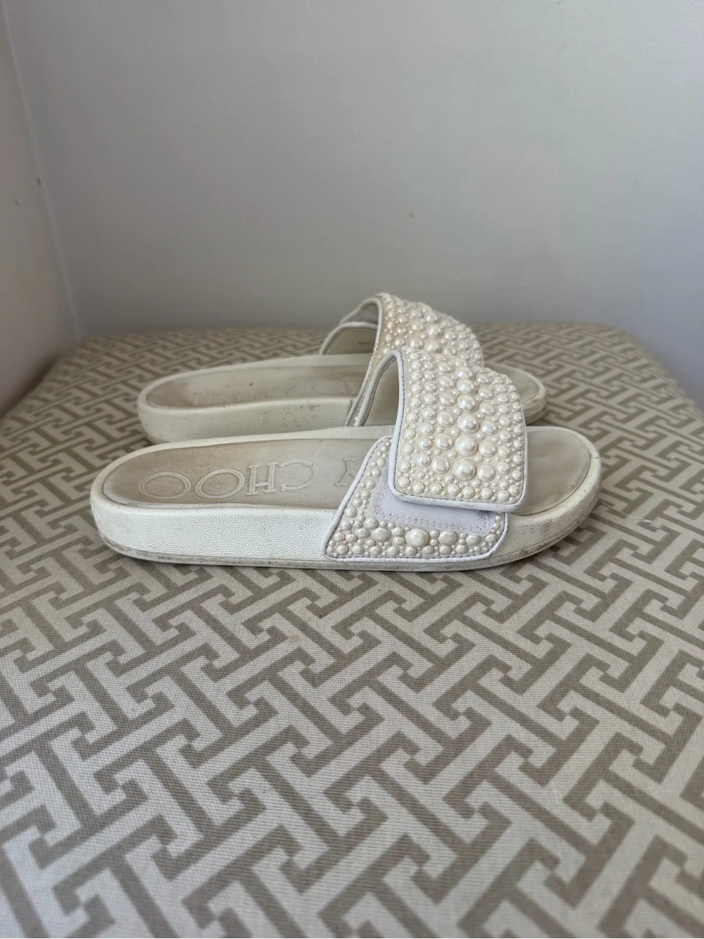 Dolce & Gabbana White Logo Slide Sandals + White Jimmy Choo Slide Sandals